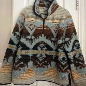 LL Bean Signature Sherpa Fleece Pullover 1/4 Zip Jacquard blue brown cream Mediu